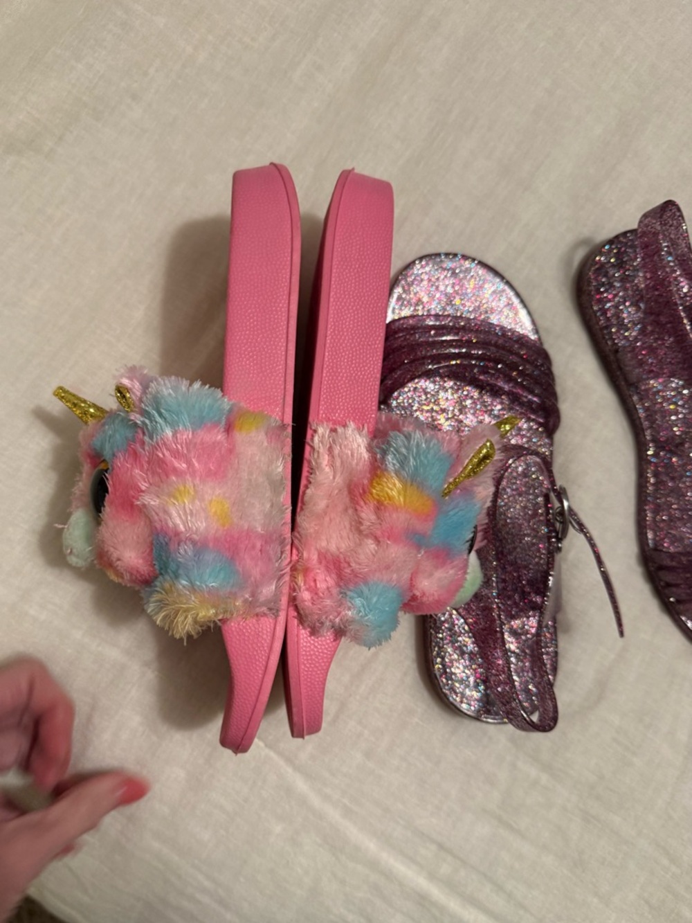 Girls Plush Ty Animal Slides & Old Navy Purple Glitter Jelly Sandals - Picture 5 of 7